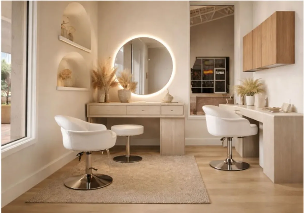Illustration of the same suite furnished with two white styling chairs, a round backlit mirror and a vanity